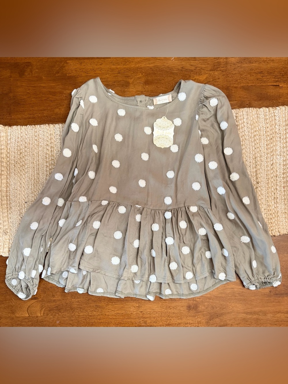 Altar'd State Taupe Top with White Pom Dot Peplum - sz med